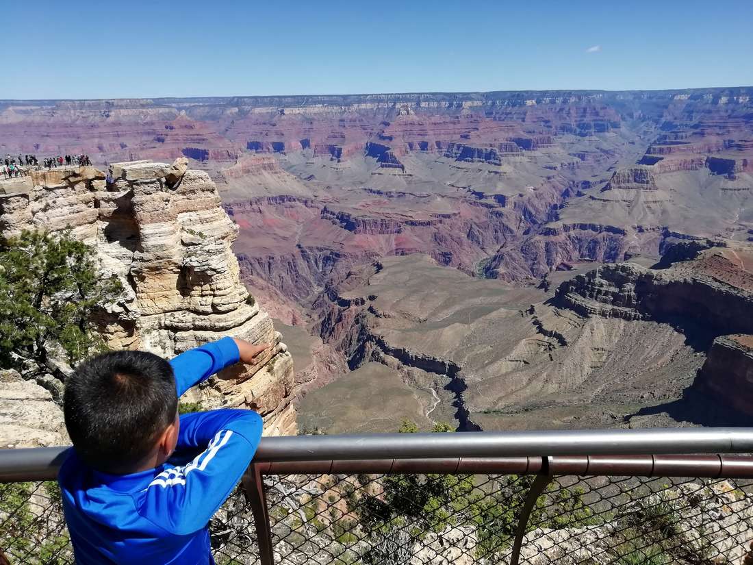 Een jongetje wijst over de Grand Canyon, Arizona, Amerika