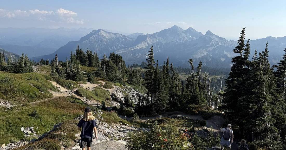 Een wandelpad door de bloemenweiden onder Mount Rainier, Washington, het noordwesten van Amerika
