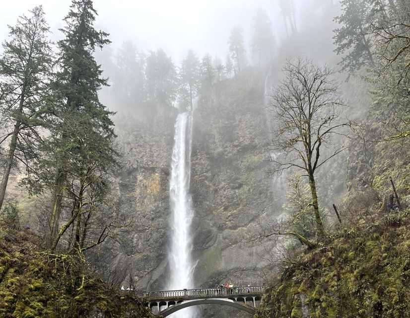 De Multnomah Falls met de brug in de mist, Columbia River Gorge, Oregon, Amerika