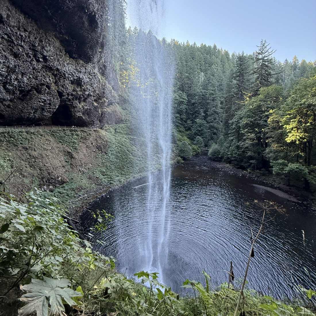 De waterval van South Falls in Silver Falls State Park, gezien vanaf het pad erachter, Oregon, Amerika