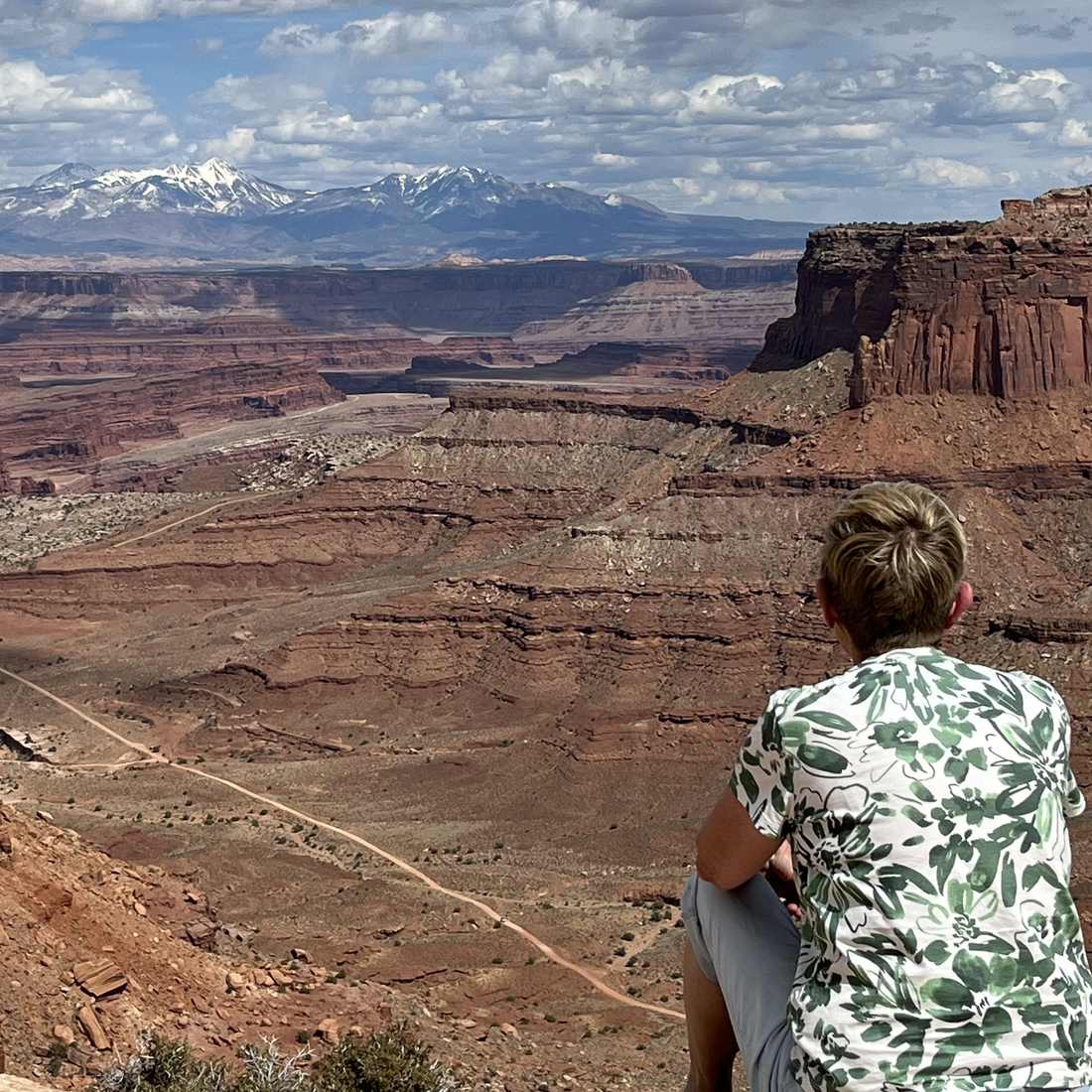 Een vrouw kijkt uit over de canyons van Canyonlands bij Moab, Utah, Amerika
