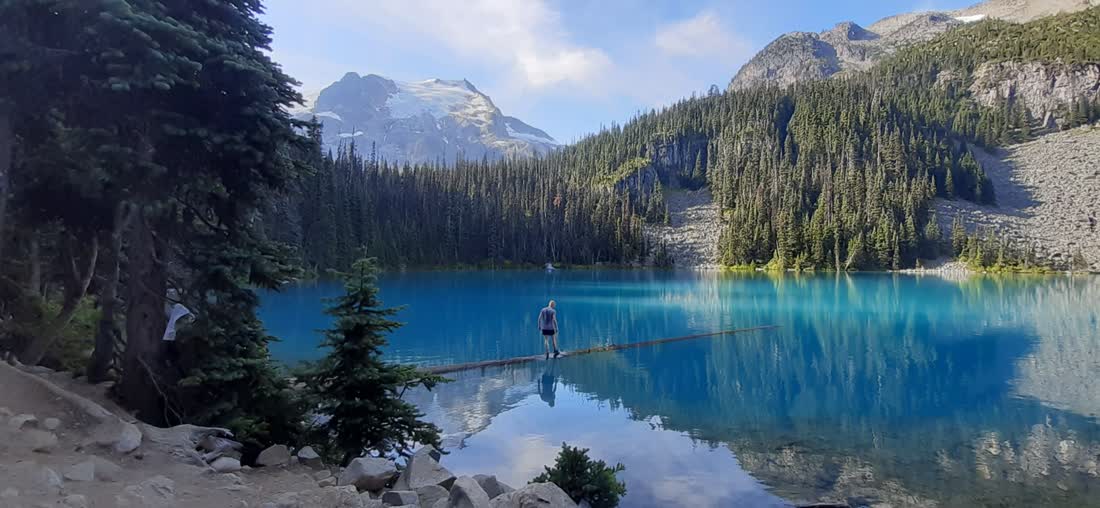 Turquoise bergmeer tussen de bossen, met de bergen erachter, West-Canada