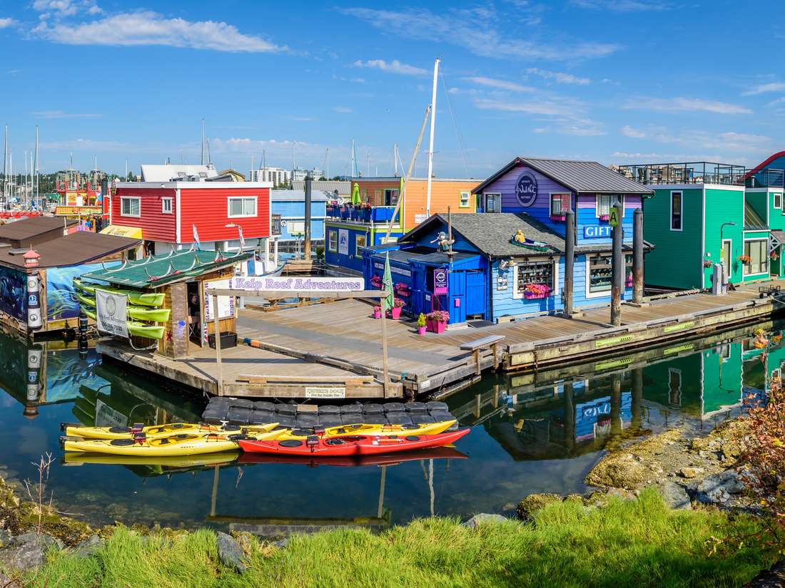 De drijvende huizen van Fisherman's Wharf in Victoria, Vancouver Island, West-Canada