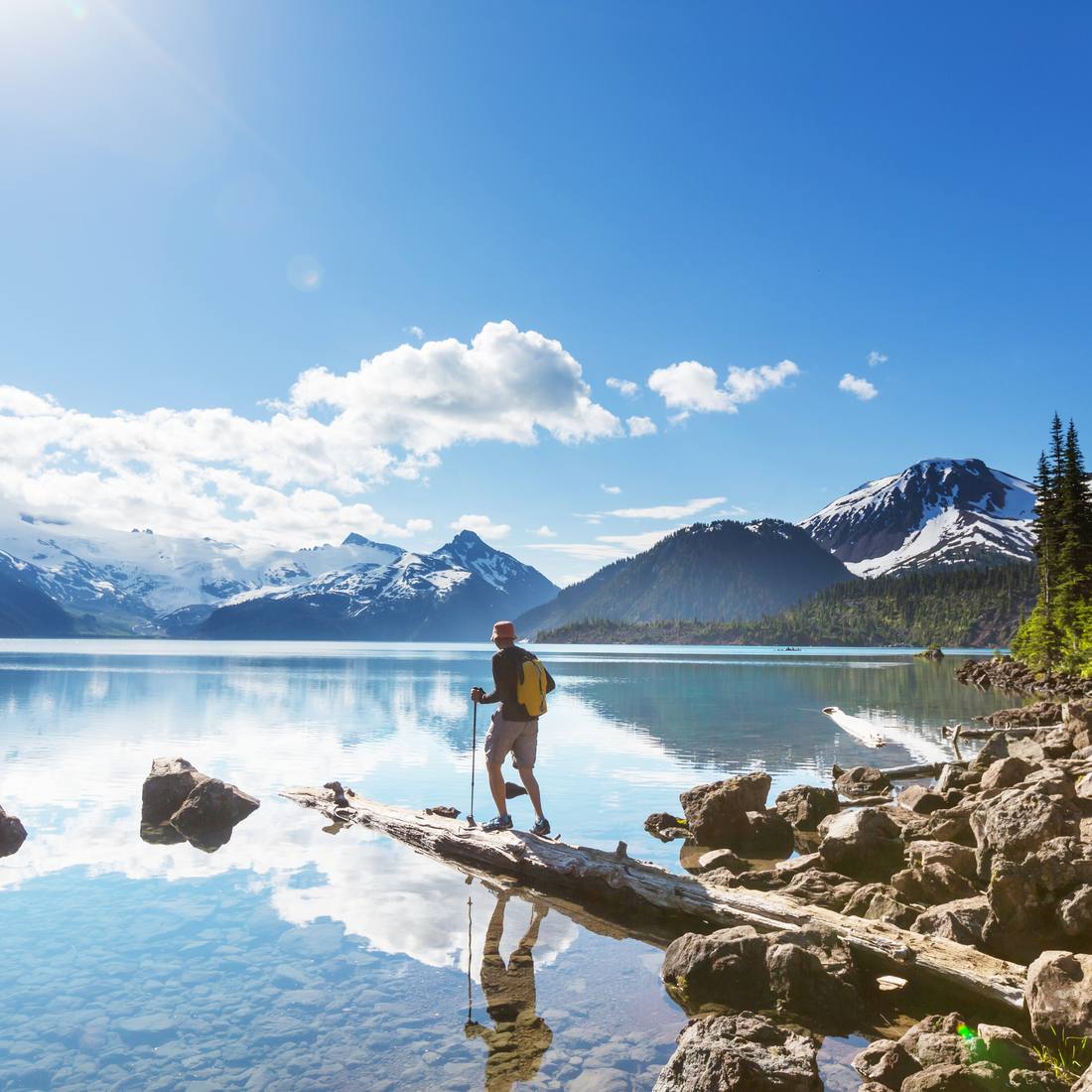 Een wandelaar op een boomstam in het heldere water van Garibaldi Lake bij Whistler, British Columbia, West-Canada