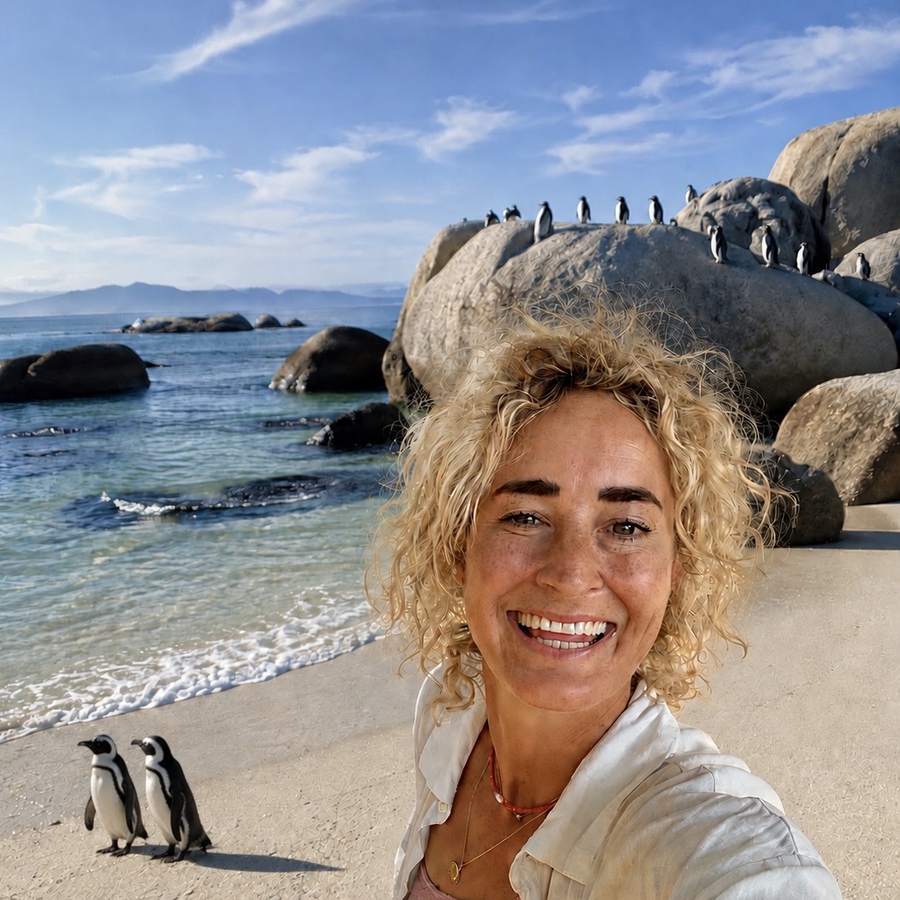 Ilse Thorborg bij Boulders Beach, Zuid-Afrika