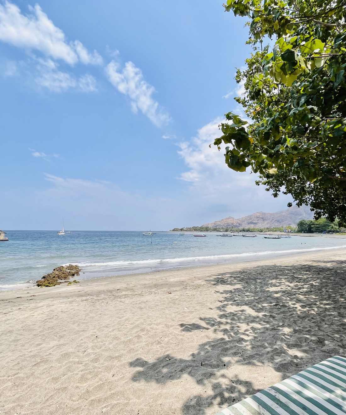 Een bank onder de boom kijkt uit over het strand van Pemuteran, Bali