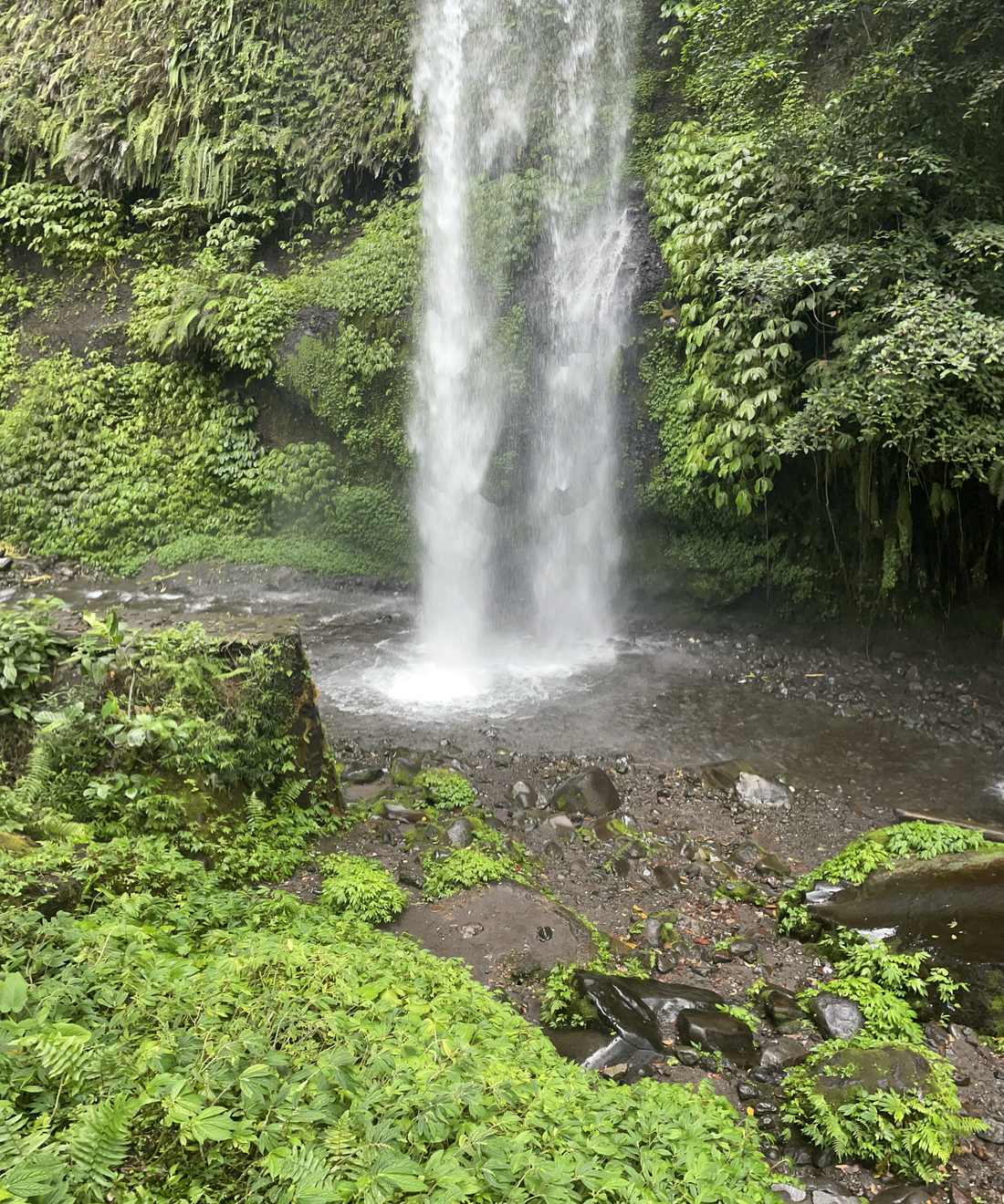 Een hoge waterval stort naar beneden in het groen bij Senaru op Lombok, Indonesië