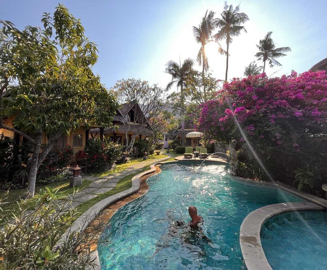 Het zwembad ligt tussen de bougainville en de palmen even buiten Ubud, Bali