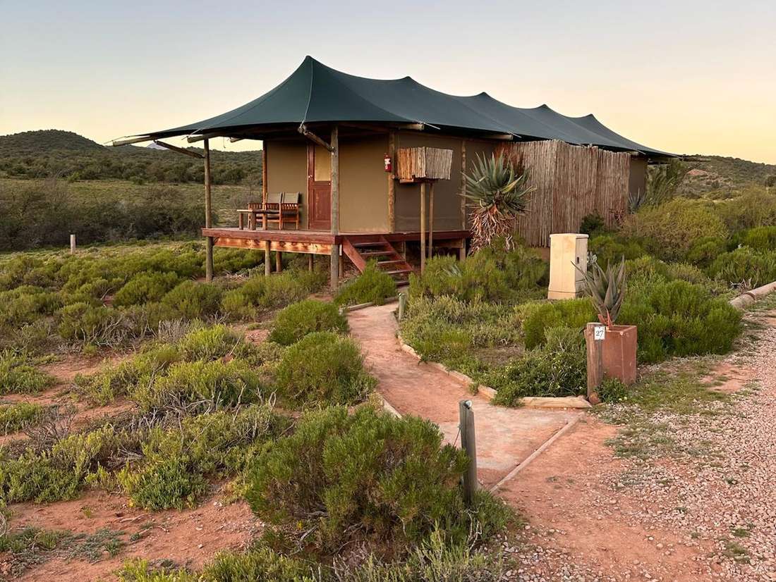 De familiesafaritent bij zonsondergang, Zuid-Afrika