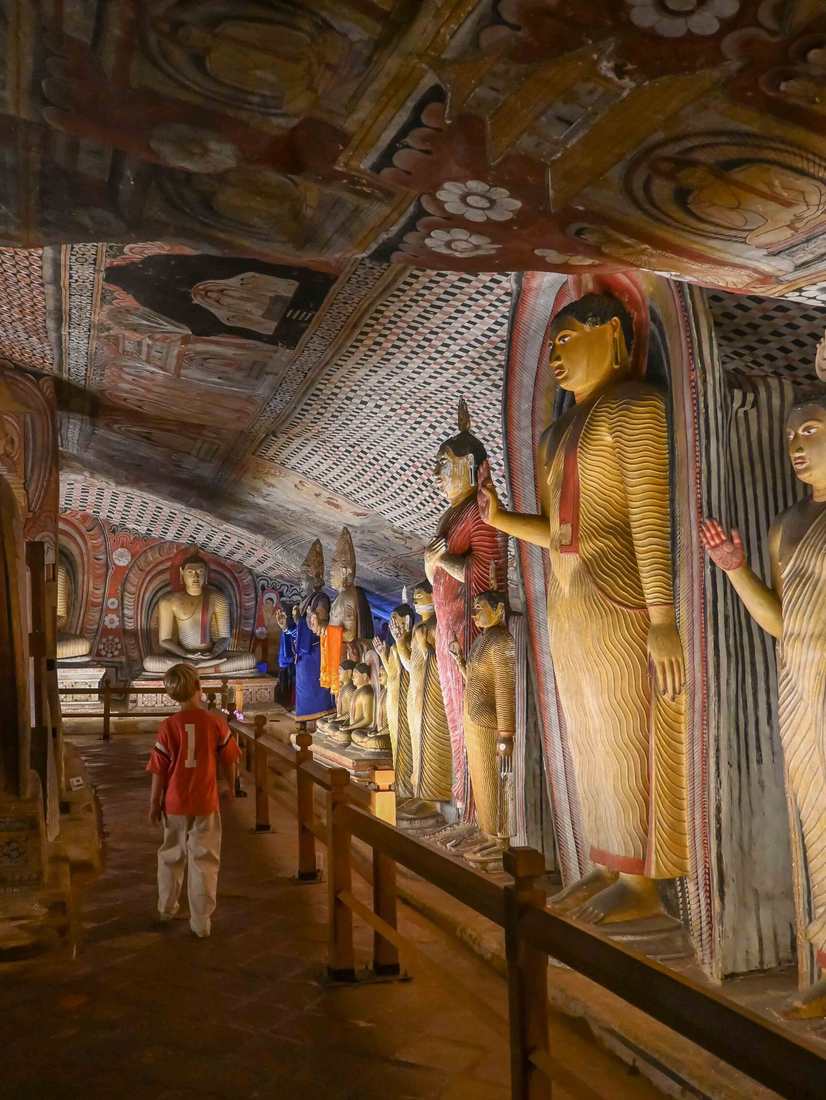Boeddhabeelden op een rij in een rotstempel, Sri Lanka