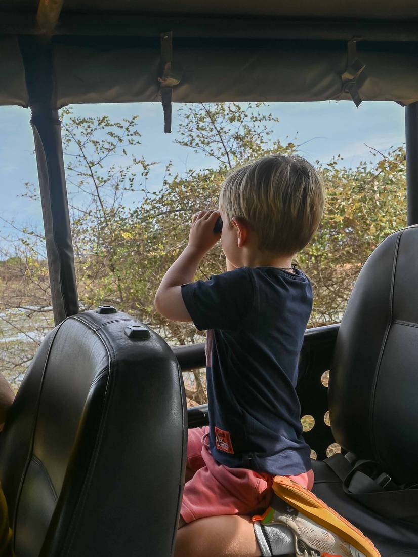 Kijken door de verrekijker vanuit de safarijeep, Sri Lanka