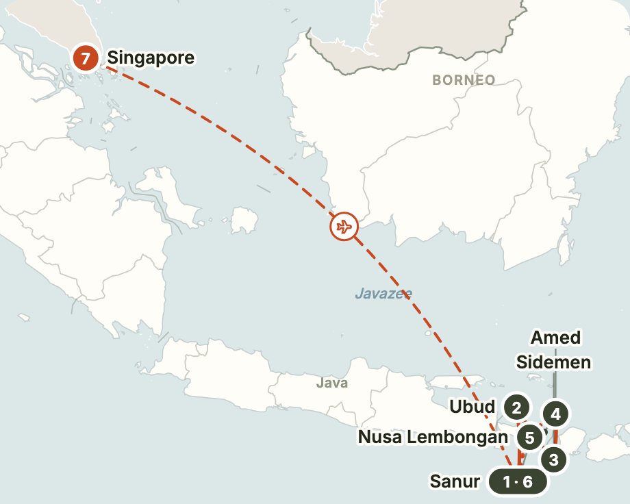 Routekaart: Weinig vastgelegd, veel eigen tempo, met vier volwassenen Routekaart van een reis van 22 dagen door Indonesië, langs Sanur, Ubud, Sidemen, Amed, Nusa Lembongan en Singapore