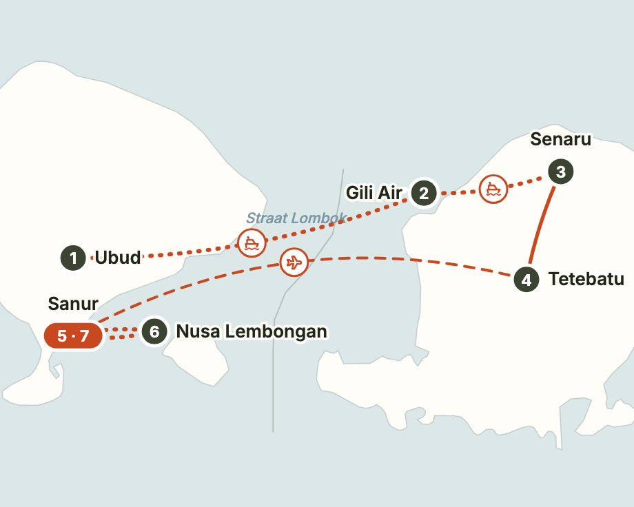 Routekaart: Langs het gewone Indonesië, met drie kinderen Routekaart van een reis van 22 dagen door Indonesië, langs Ubud, Gili Air, Senaru, Tetebatu, Sanur en Nusa Lembongan