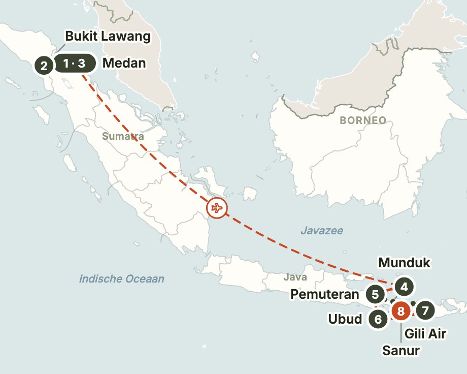 Routekaart: Actief over Sumatra en Bali, met twee tieners Routekaart van een reis van 23 dagen door Indonesië, langs Medan, Bukit Lawang, Munduk, Pemuteran, Ubud, Gili Air en Sanur