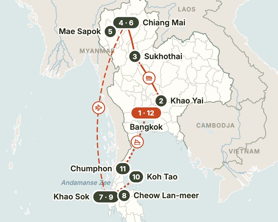 Routekaart: Onze eigen testreis, met kinderen van 7 en 11 Routekaart van een reis van 22 dagen door Thailand, langs Bangkok, Khao Yai, Sukhothai, Chiang Mai, Mae Sapok, Khao Sok, Cheow Lan-meer, Koh Tao en Chumphon