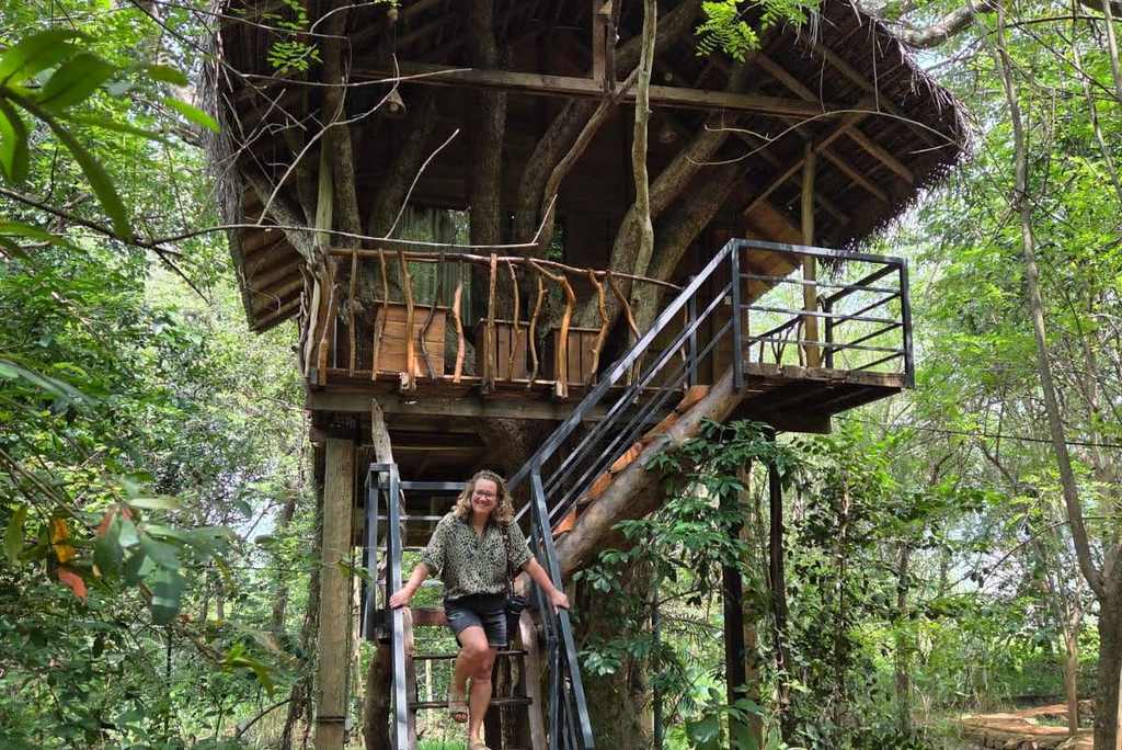 Boomhut tussen de bomen in het binnenland van Sri Lanka