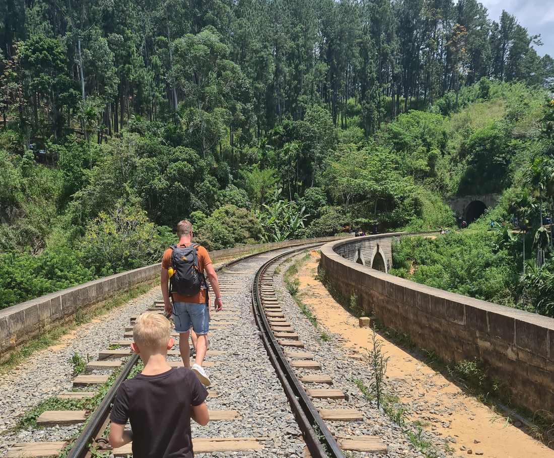 Kinderen lopen over het spoor door de heuvels bij Ella, Sri Lanka