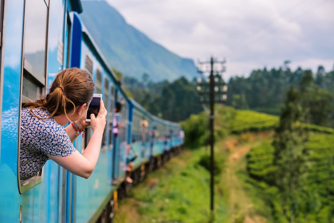 De trein door de theevelden van het bergland, het heuvelland van Sri Lanka