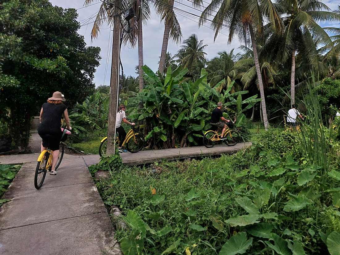 Fietsen over een smal pad tussen de bananenplanten en palmbomen aan de rand van Bangkok, Thailand