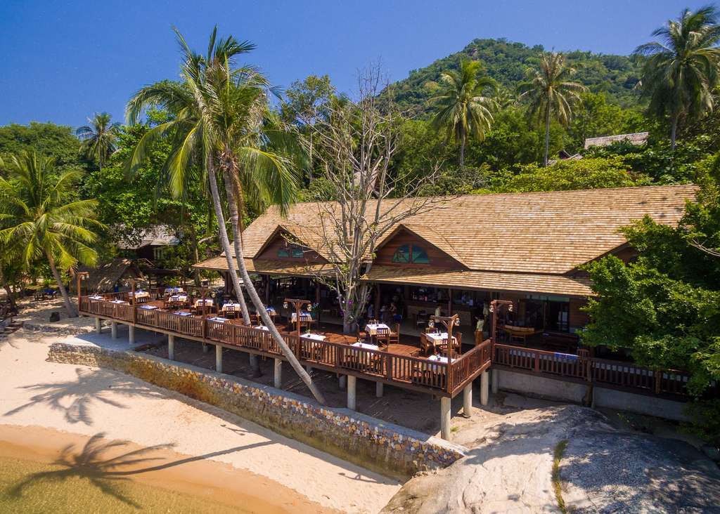 Restaurantterras onder de palmen aan het strand van Koh Tao, Thailand