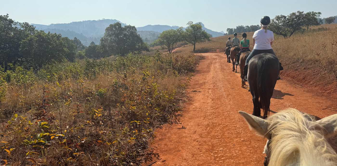 Te paard over het rode zandpad door de heuvels van eSwatini