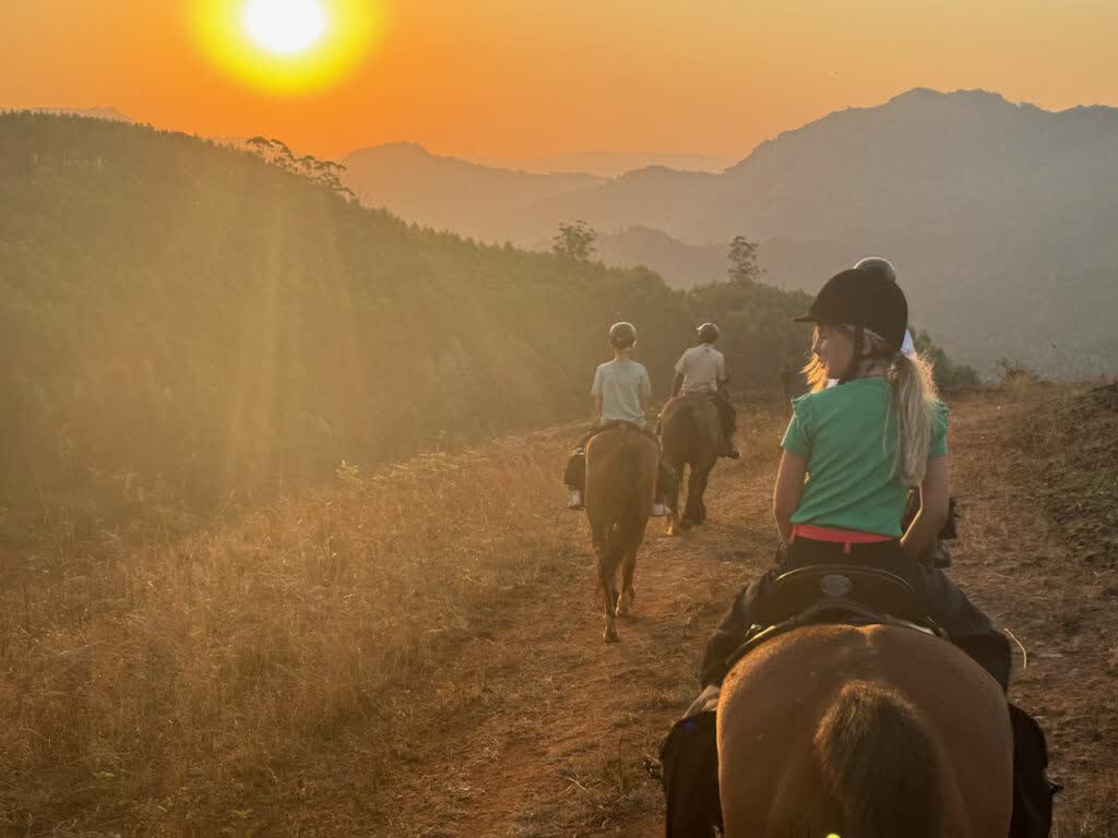 paardrijden in eSwatini; magie bij zonsondergang