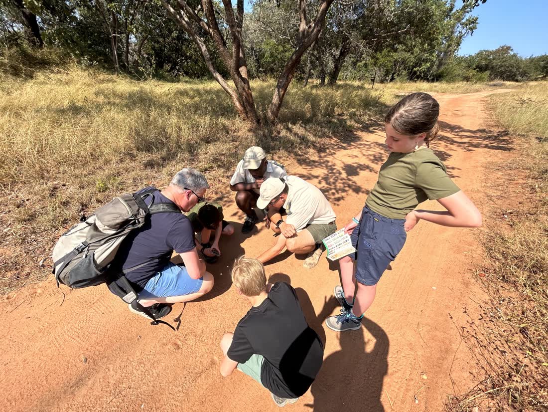 Kinderen en ranger buigen zich over sporen in het zand, Zuid-Afrika