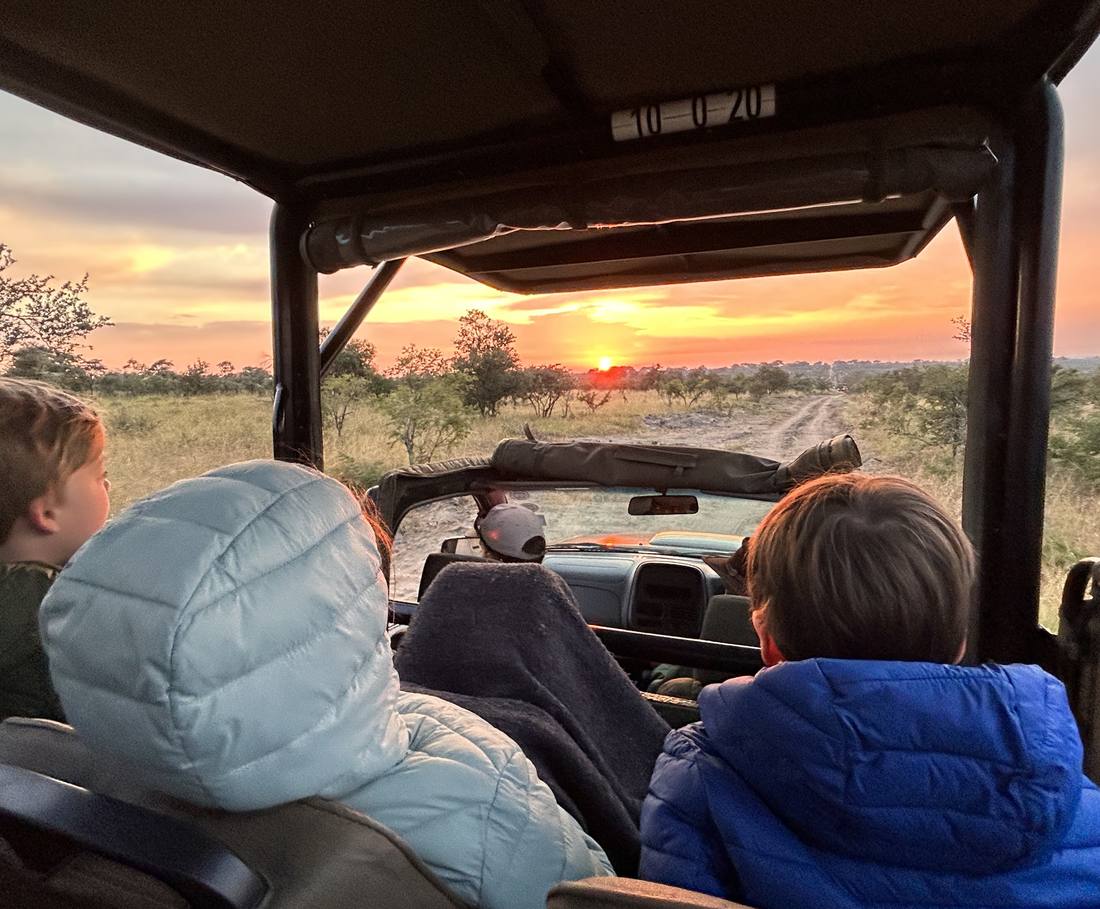 Kinderen in een open safariwagen bij zonsopkomst in een privereservaat, Zuid-Afrika