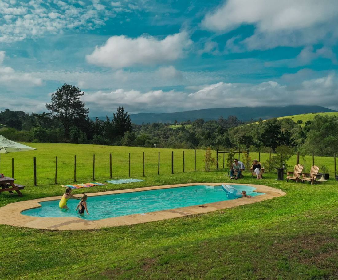 Het zwembad van de glampingplek in de groene heuvels bij Plettenberg Bay, Zuid-Afrika