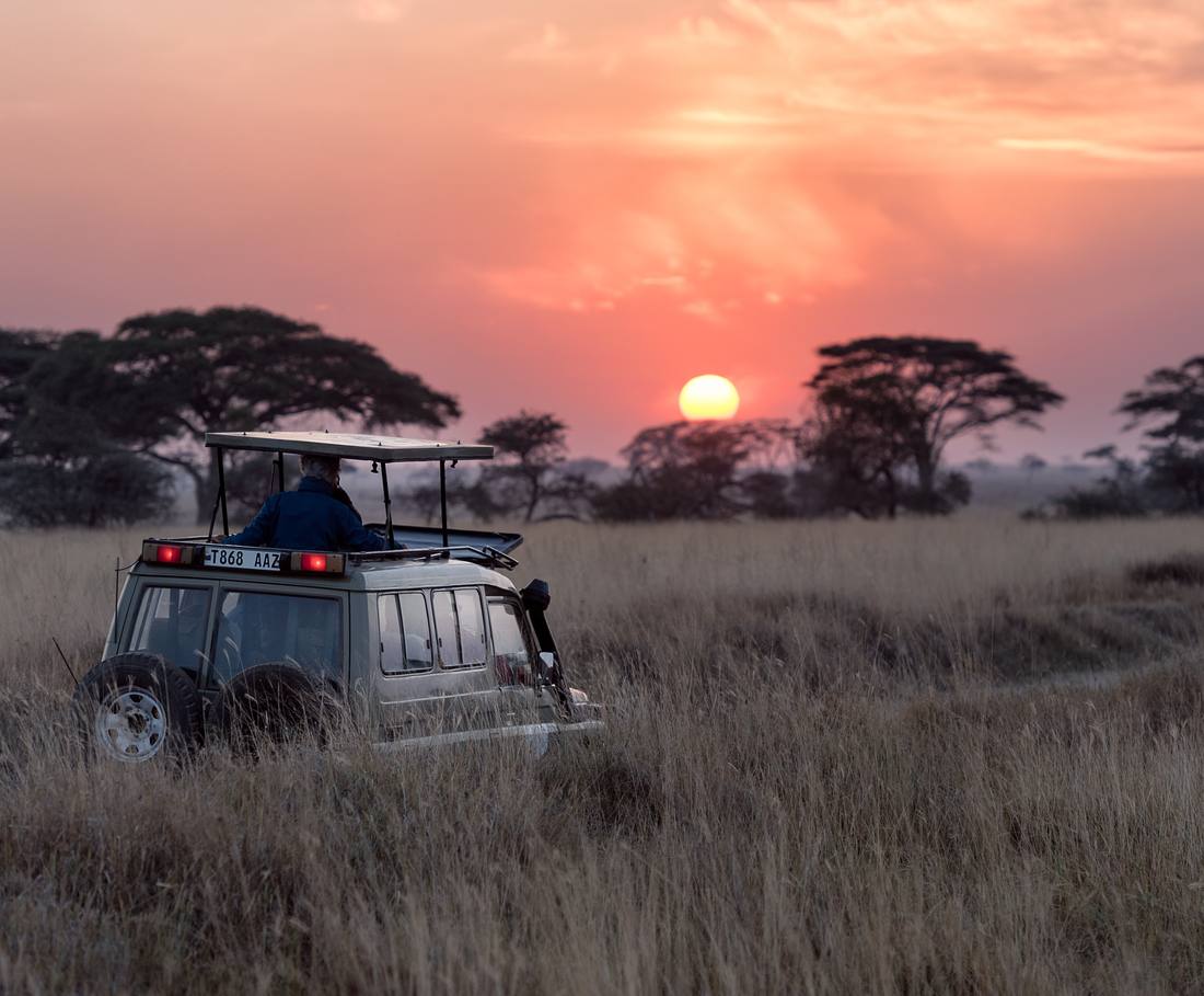 Een open safariwagen in het gras terwijl de zon ondergaat, Zuid-Afrika